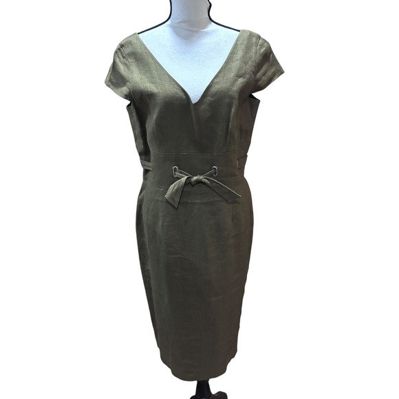 Talbots Dresses & Skirts - Talbots Vintage Linen Olive Green V-Neck Tie Waist Sheath Dress Size‎ 12 Womens